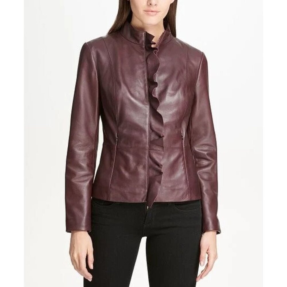 Dkny Womens Ruffle-Front Lambskin Bordeaux Leather Jacket Small Brown Fa Exc